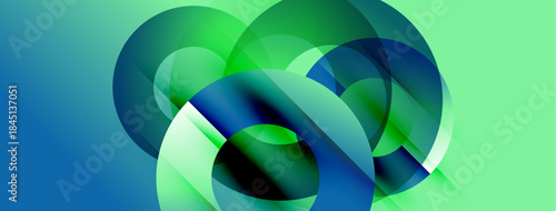 Abstract composition features overlapping translucent circles. Shades range from vibrant blue to bright green. Modern, minimalist design.