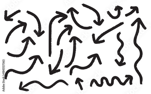 A chaotic arrangement of hand drawn arrows pointing in various directions