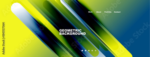 Bright abstract design. Diagonal lines create dynamic visual effect. Yellow, green, blue gradients dominate composition. Text elements present.
