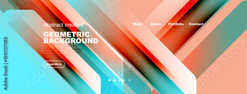 Abstract geometric background with vibrant colors. Website header design includes navigation options, text, dots. Modern style.
