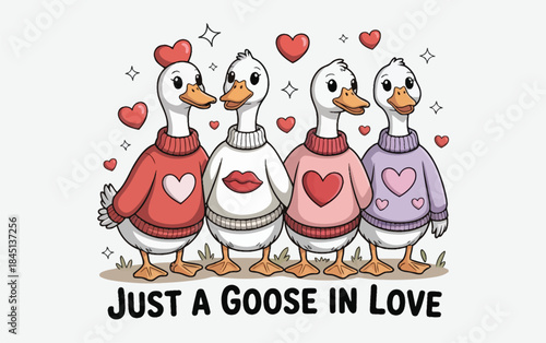 A heartwarming illustration of four cute geese celebrating love and valentine's day