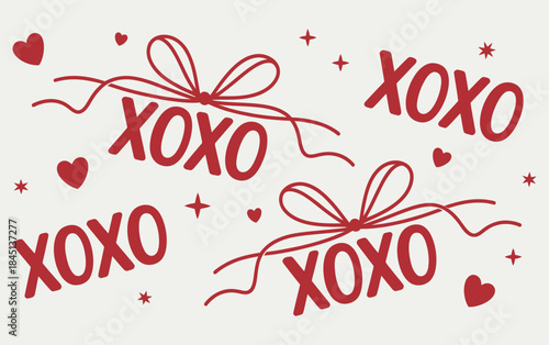 A charming red xoxo pattern with hearts, bows, and stars on a light background