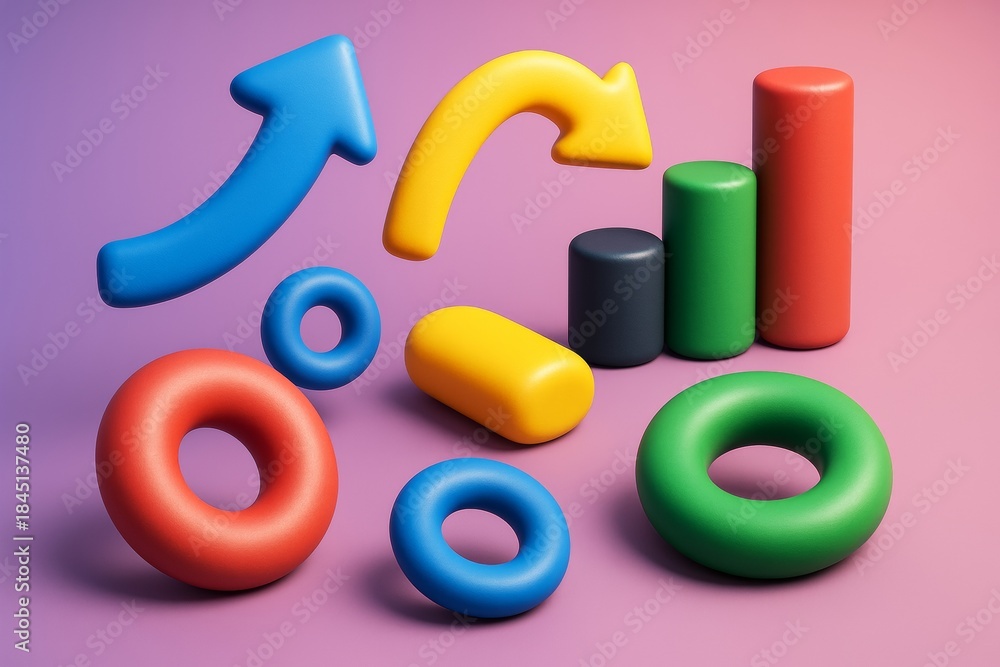 Fototapeta premium Colorful abstract 3D infographic elements including arrows, bars, and rings on a soft pink and purple gradient background. Ai generative. Ai generative