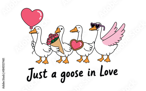 A whimsical illustration of four adorable geese celebrating love and romance