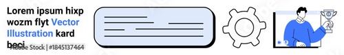 User interface design, online tutorials, achievement engagement, application tools, teamwork, goal-reaching concepts. Text block, gear and person holding a trophy. Engaging tutorials and achievement