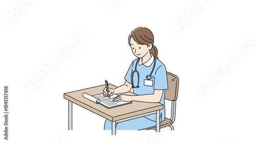 Nurse studying at desk with notebook and pen, focused on learning and medical knowledge acquisition