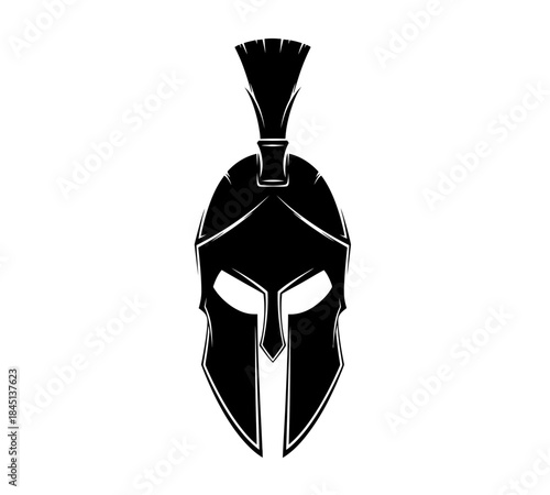 A stark black and white illustration of a classic spartan warrior helmet design