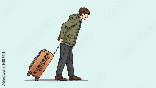 Dynamic vector illustration of a determined young man pulling rolling luggage, embarking on a personal journey or professional trip, symbolizing movement and modern travel adventures