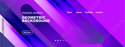 Modern website header design. Vibrant purple gradients, geometric shapes, text elements, navigation menu visible. Simple, clean aesthetic.