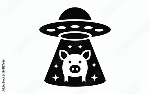 A simple black and white icon illustrating a cartoon pig being abducted by an alien ufo
