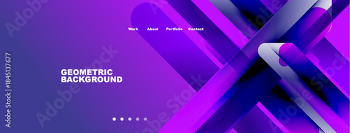 Abstract geometric design. Vibrant purple, blue hues create modern background. Navigation menu present, text visible.