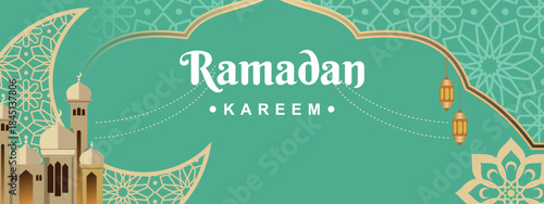 Banner template of ramadan kareem fasting with islamic mosque lantern ornaments