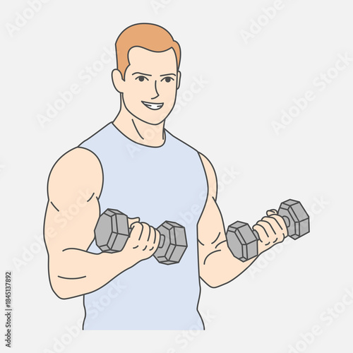 Cartoon illustration of a fit man in a sleeveless shirt lifts dumbbells, showcasing strength and dedication. Ideal for fitness, training, wellness, gym campaigns, and athletic lifestyle visuals