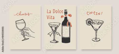 La Dolce Vita Wall Art Poster Set. Wall Art Prints with Wine Bottle and Wine Glasses in Italian Style. Hand Drawn Sketch Wine, Cocktail Glass Drawing. Vector Ink Line Art Design for Party, Wall Décor,
