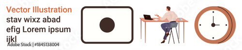 Remote work, time management, productivity, business, project planning, minimalist design. Person on laptop, clock and abstract shapes. Remote work and time management ideas