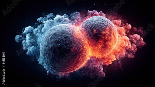 Abstract depiction of two celestial bodies colliding with vibrant energy and smoke.