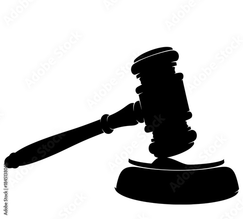A black silhouette of a gavel resting on a sound block symbolizing justice and legal proceedings