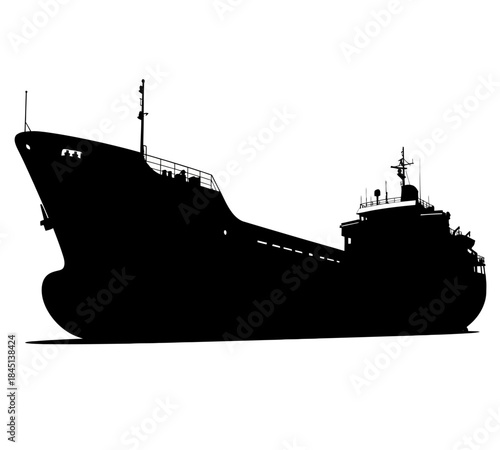 A stark silhouette of a large cargo ship against a clean white background maritime transport