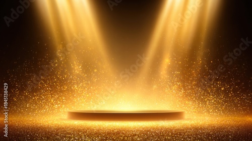 Golden stage illuminated by spotlights with sparkling glitter.