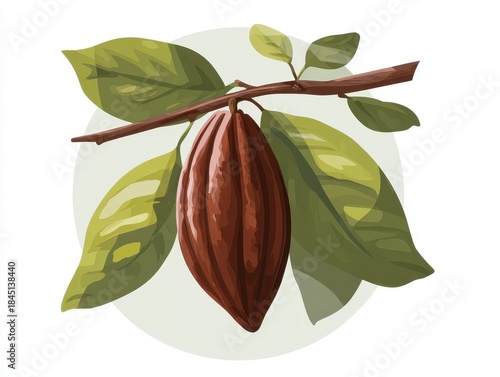 Digital illustration of a brown cacao pod with green leaves on a branch, set against a circular, pale-green background