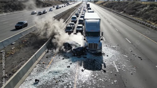 Aerial drone view of blue car crashing into silver truck on highway. Smoke rising from collision with debris and broken glass scattered. Traffic accident scene for road safety awareness.