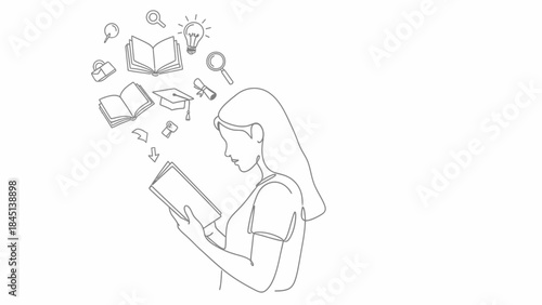 Woman reading book with education icons floating above her head, symbolizing learning and knowledge