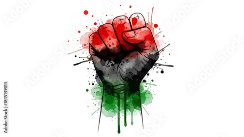 Vibrant clenched fist with red and green paint splatters symbolizing resistance and activism on white background