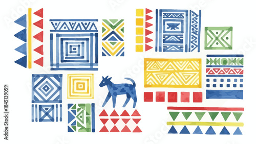 Colorful geometric patterns and blue donkey in abstract art composition