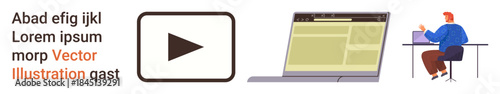 Online learning, remote work, content creation, video streaming, technology, digital resources. A play button, an open laptop and a person working at a desk. Online learning and remote work concept