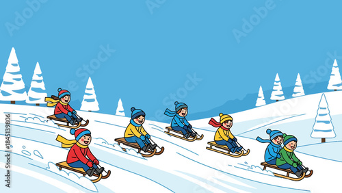 Joyful children actively participate in a thrilling winter sled race down a snow-covered hill, enjoying an exciting outdoor activity in a beautiful snowy landscape