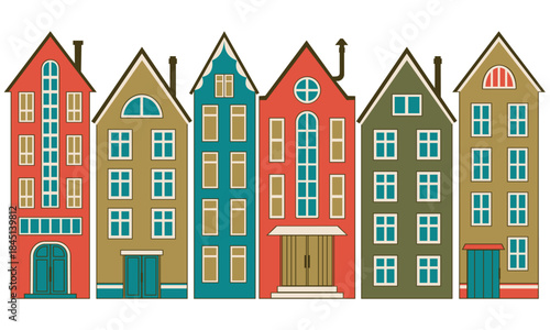 Cartoon city house facades set with tall narrow buildings, vector illustration
