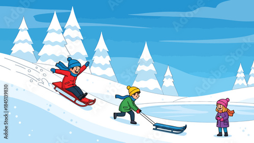 Vector illustration of children enjoying sledding down a snowy hill in a winter wonderland with snow-covered trees and a frozen pond