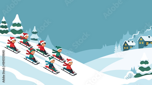 Cheerful children enjoy a thrilling sled ride down a snow-covered hill, depicted in a vibrant vector illustration showcasing winter fun and holiday recreation