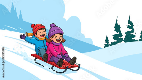 Happy children enjoy an exhilarating winter sledding adventure down a snowy hill, expressing pure joy and fun in this vibrant vector illustration