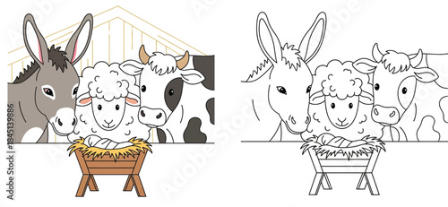 Christmas Nativity Scene with Baby Jesus, Donkey, Cow, and Sheep