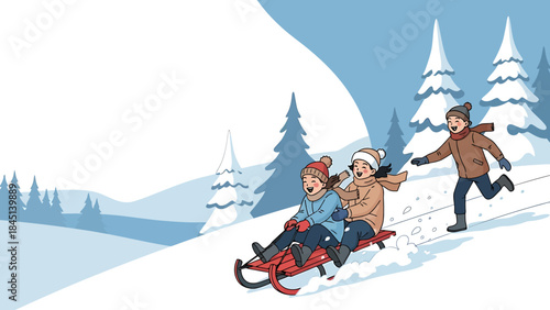 Vibrant vector illustration capturing the pure joy of happy children sledding and playing in the snow, enjoying winter fun and outdoor adventures on a snowy hillside