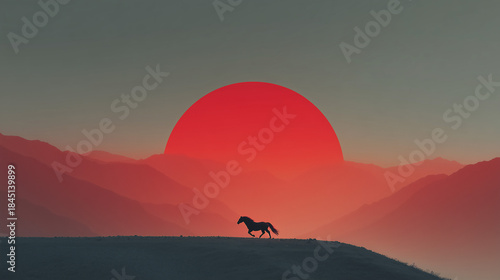 Equestrian Sunset Silhouette: An image captures the serene scene of a lone horse galloping across a ridge, set against a backdrop of a crimson sun descending over a range of mountains.