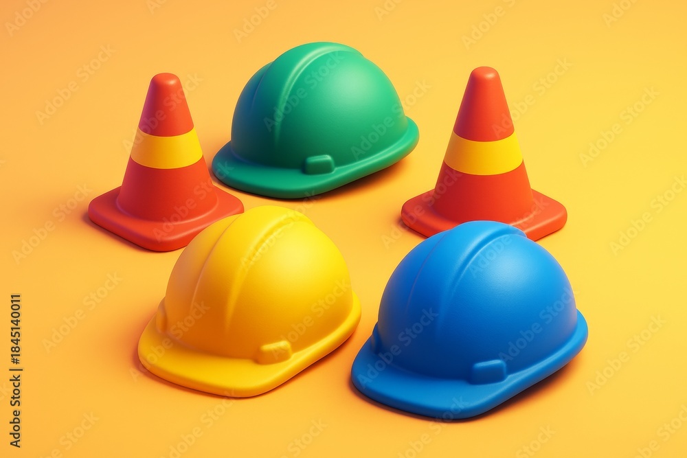 Fototapeta premium Colorful safety helmets and traffic cones on orange background symbolizing construction safety and teamwork concept in bright light style. Ai generative