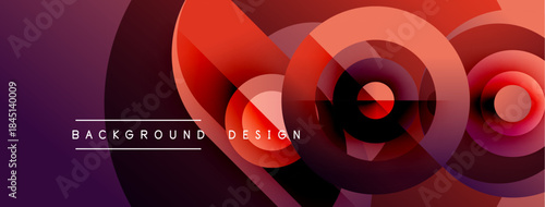 Abstract design features overlapping circles, gradients. Red, purple hues create dynamic visual effect. Modern background element.