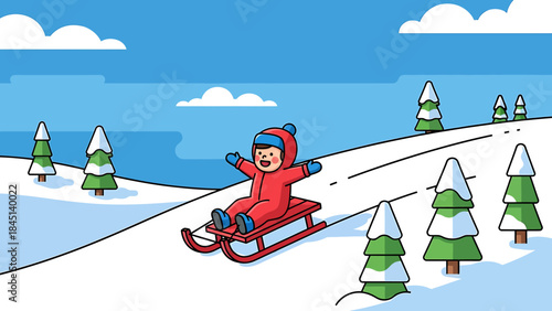 Joyful child sledding down a snow-covered hill in a vibrant winter landscape, a playful vector illustration capturing the pure fun of winter sports and outdoor activities