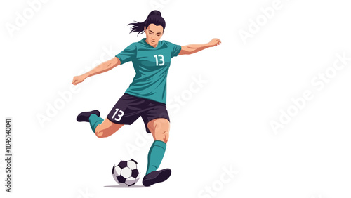 Dynamic Stylized Vector Illustration of a Female Soccer Player Kicking Ball