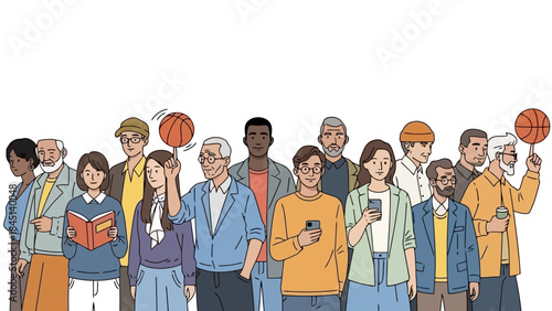 Diverse Group of People of Various Ages and Genders Posing Together with Objects