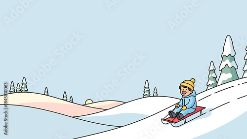 Happy child sledding down a snow-covered hill, joyfully experiencing winter fun and outdoor activities. A vibrant vector illustration of childhood excitement