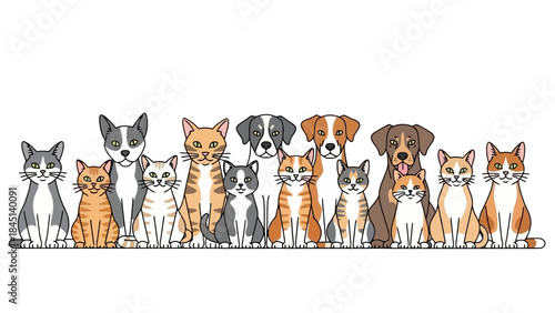 Diverse Group of Cats and Dogs Sitting Together in a Row