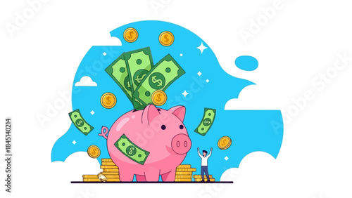 Piggy Bank Overflowing with Money and Coins, Financial Success Concept