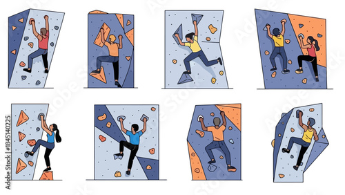 Diverse Group of People Rock Climbing Indoors and Outdoors on Walls