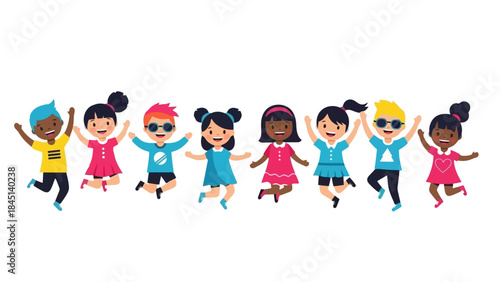 Diverse Group of Happy Children Jumping Joyfully Together, Representing Unity and Fun