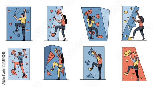 Diverse Group of People Rock Climbing on Indoor Climbing Walls
