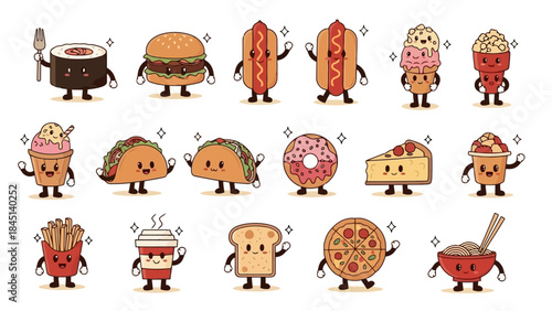 Cute Kawaii Food Characters Collection: Sushi, Burger, Hot Dog, Ice Cream, Taco, Donut