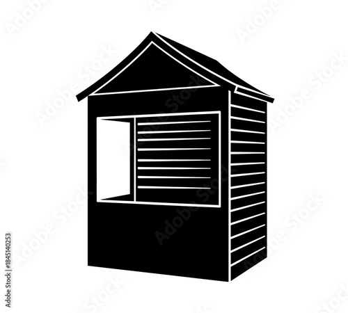 Simple black and white illustration of a small wooden shed with a window